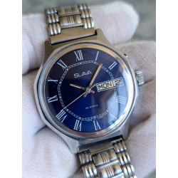 Vintage Slava Soviet Watch USSR Cal 2428 26 Jewels Day Date Navy Dial 1980s 
