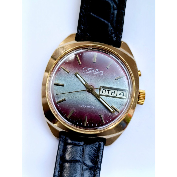 Vintage Slava 2428 USSR Watch – Purple Gradient Dial, Cyrillic Day-Date