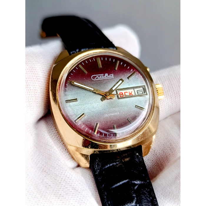 Vintage Slava 2428 USSR Watch – Purple Gradient Dial, Cyrillic Day-Date