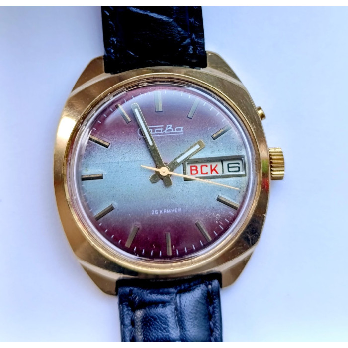 Vintage Slava 2428 USSR Watch – Purple Gradient Dial, Cyrillic Day-Date