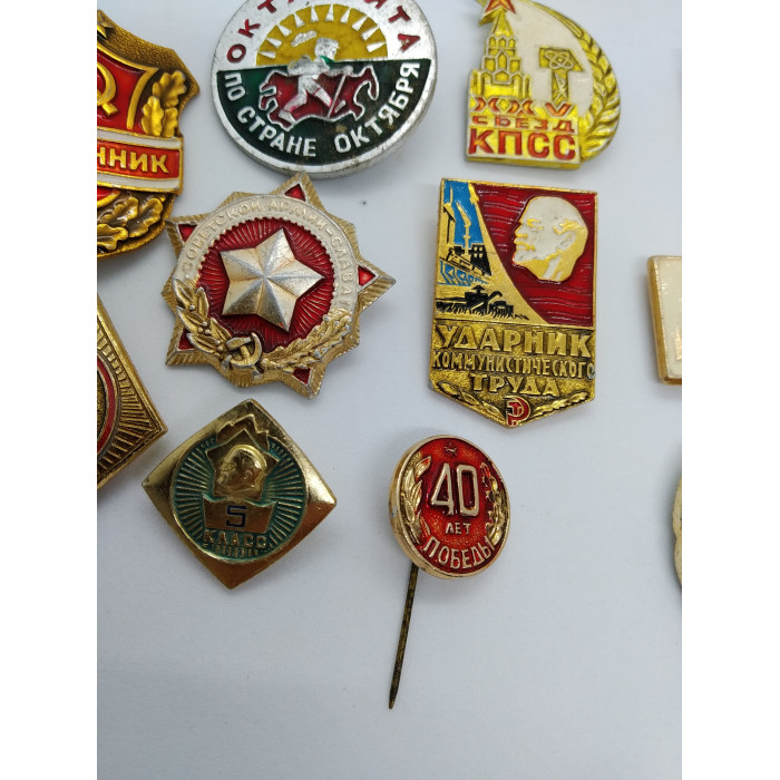 Various SOVIET pins with the USSR SYMBOLS Set of Soviet Union badges 12 pieces
