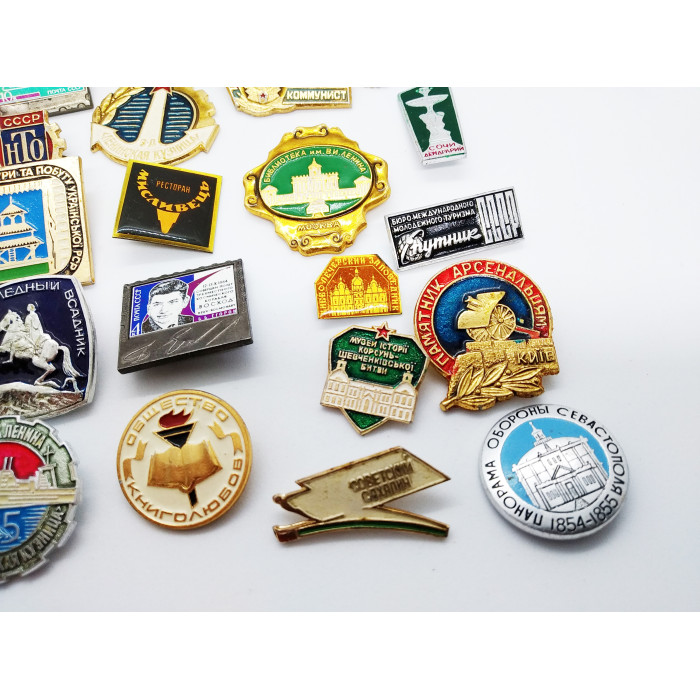 Various SOVIET pins with the USSR SYMBOLS Set of Soviet Union badges 12 pieces