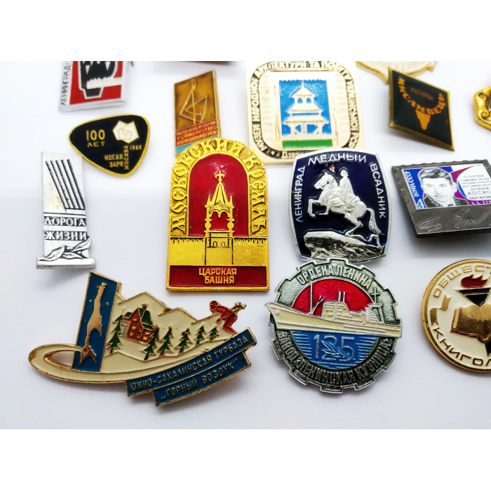 Various SOVIET pins with the USSR SYMBOLS Set of Soviet Union badges 12 pieces