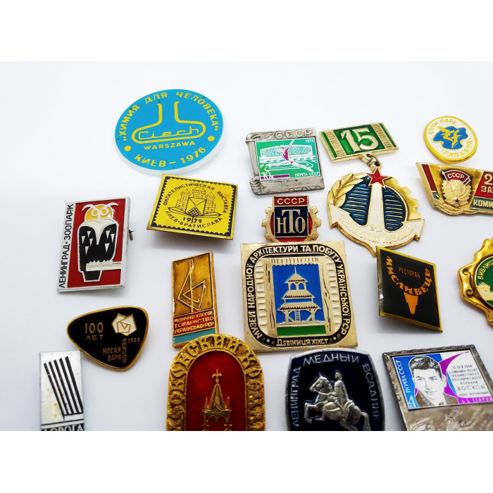 Various SOVIET pins with the USSR SYMBOLS Set of Soviet Union badges 12 pieces