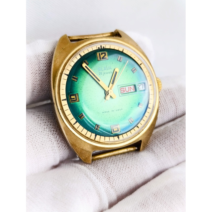 Slava Vintage Soviet Watch - Rare Green Gradient Dial - USSR 2428 Day-Date - Serviced