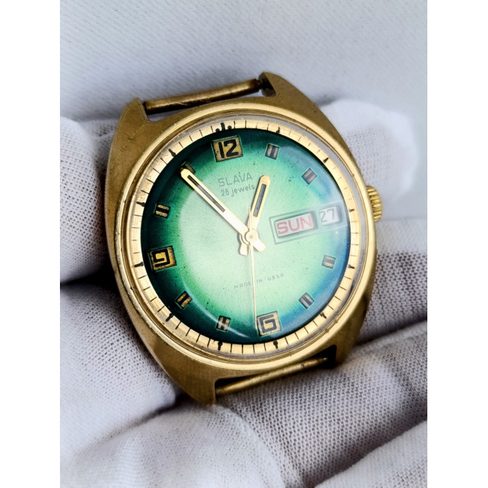 Slava Vintage Soviet Watch - Rare Green Gradient Dial - USSR 2428 Day-Date - Serviced