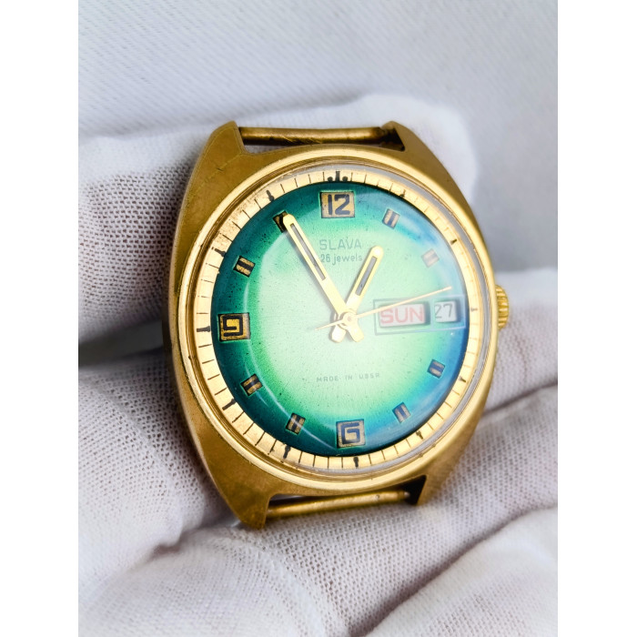 Slava Vintage Soviet Watch - Rare Green Gradient Dial - USSR 2428 Day-Date - Serviced
