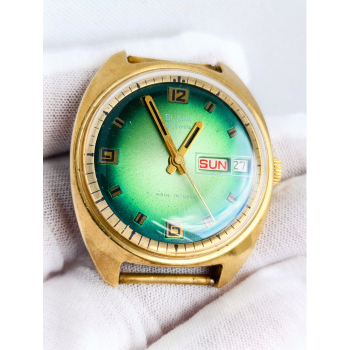 Slava Vintage Soviet Watch - Rare Green Gradient Dial - USSR 2428 Day-Date - Serviced