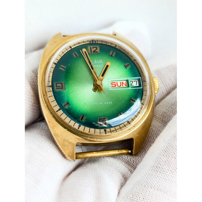 Slava Vintage Soviet Watch - Rare Green Gradient Dial - USSR 2428 Day-Date - Serviced