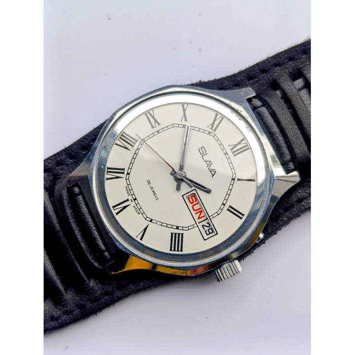 Rare Slava 2428 Mechanical Watch from USSR – 26 Jewels Movement, Dual Calendar, Authentic Soviet Men’s Wristwatch